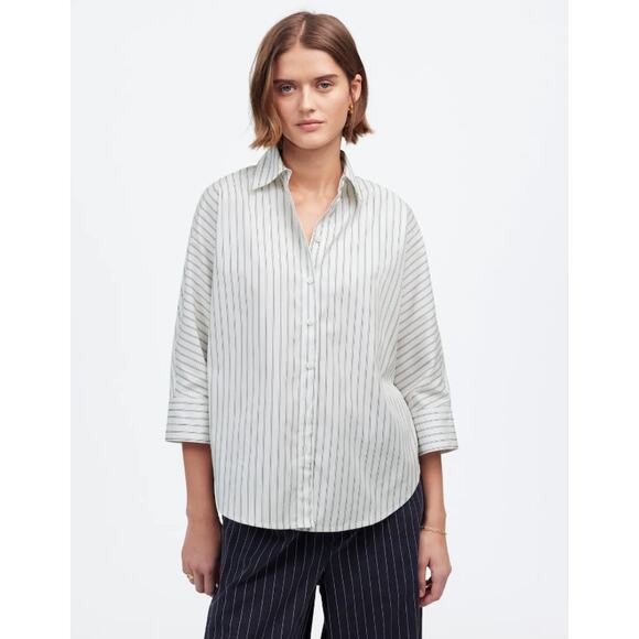 Madewell Poplin Oversized Button-Up Shirt WMNS S White Black Striped 3/4 Sleeves - Picture 1 of 9